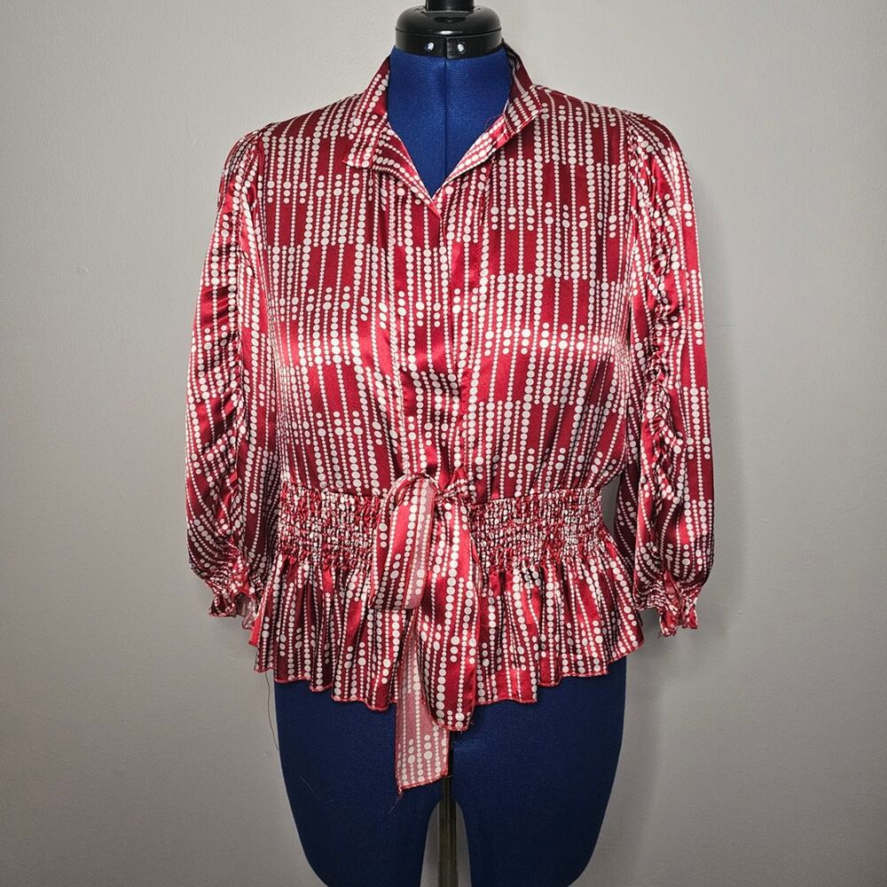 Red Polka Dot Satin Blouse Tie Front Smocked Peplum Top Size L